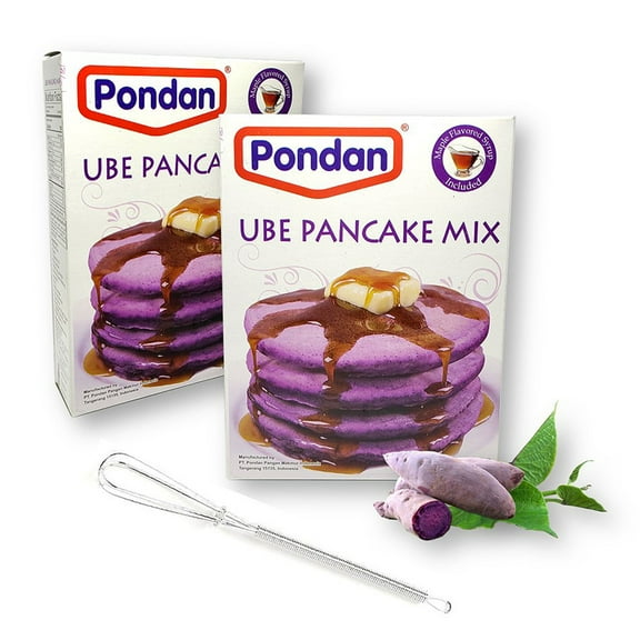 Pondan Ube Pancake Mix & Maple Flavored Syrup Set 8.818 Oz. (250 g) X 2 with Mini Stainless Steel Wire Whisk (3-Pc Set)