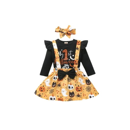 

Canis Newborn Baby Girls My 1st Halloween Clothes Sets Long Sleeve Romper Suspender Skirt with Headband