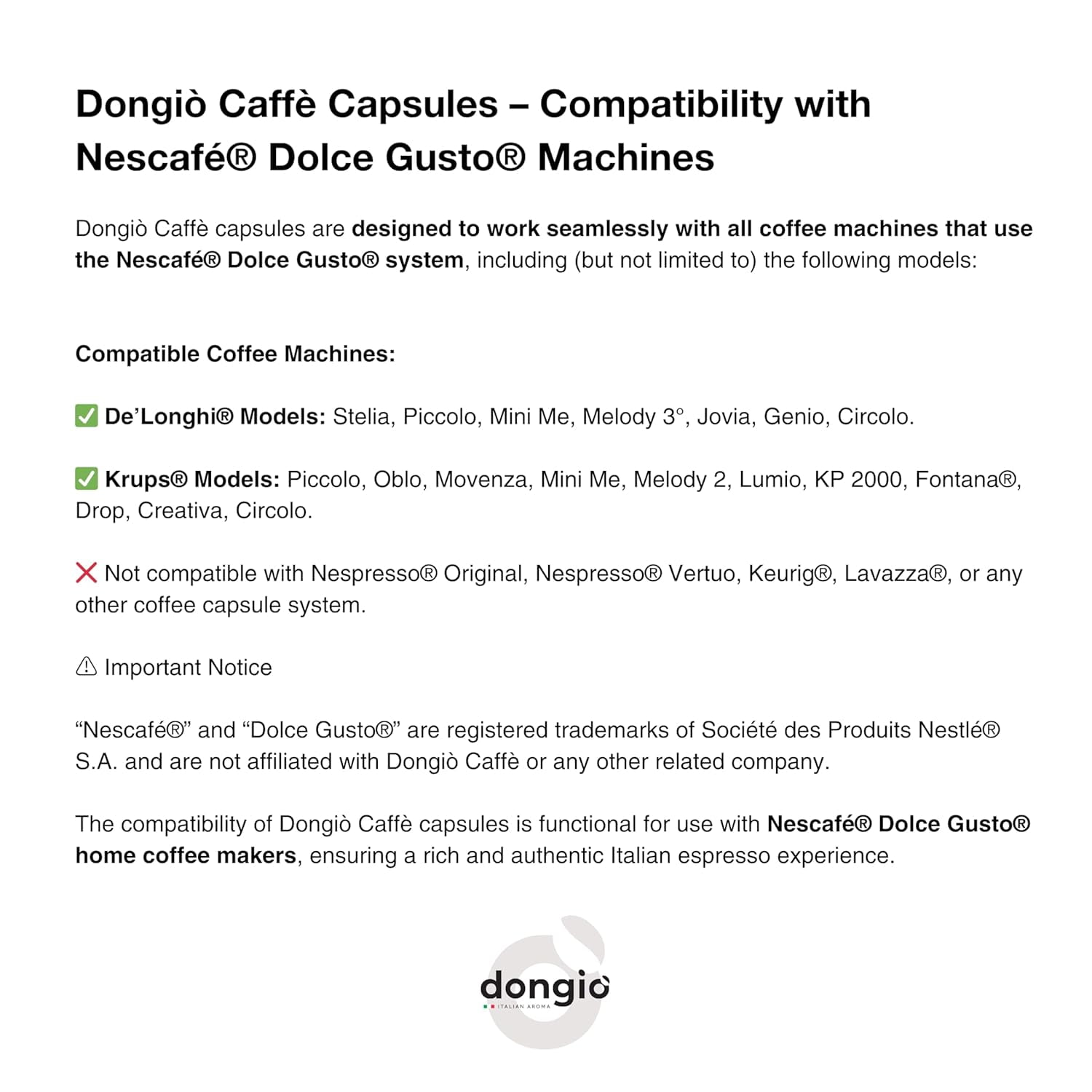 Dongiò Caffè Variety Pack Compatible Nescafe Dolce Gusto Capsules Italian Dark Medium and Light Roast Coffee Pods, 100 Ct