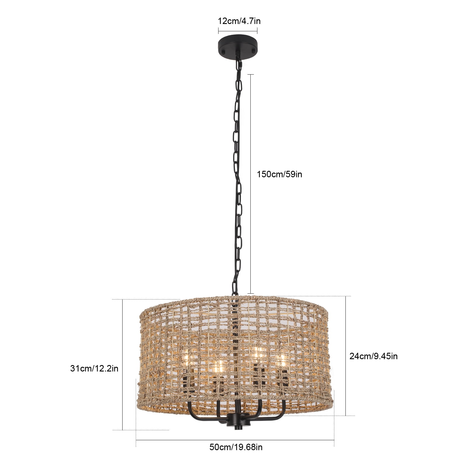 Wuzstar Hand Woven Rattan Chandelier Pendant Light Fixture 4-Light Farmhouse Rattan Light Fixtures for Kitchen Island Dining Room