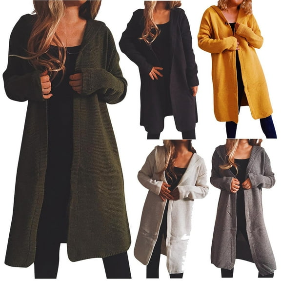 Juebong Womens Long Cardigans Cable Knitted Open Front Oversized Hooded Jacket Long Sleeve Dressy Casual Sweater Coat Yellow,M