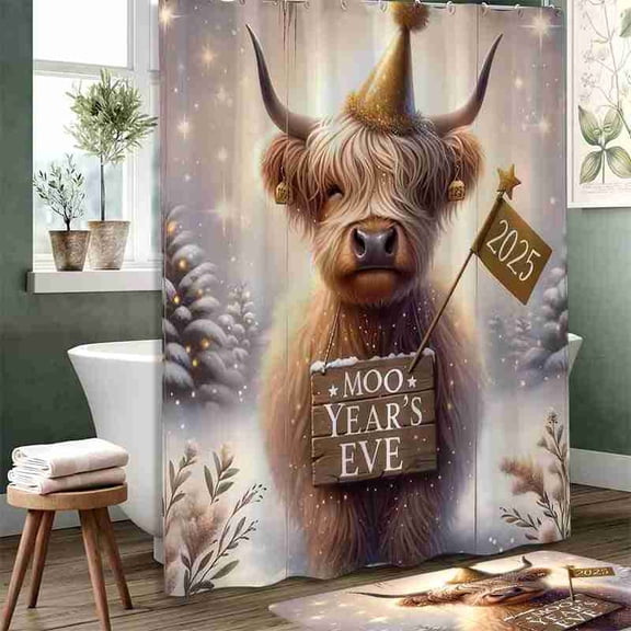 70x70 inch Highland Cow Moo Year's Eve 2025 Shower Curtain, Waterproof Polyester Fabric with Hooks for Bathroom Decor