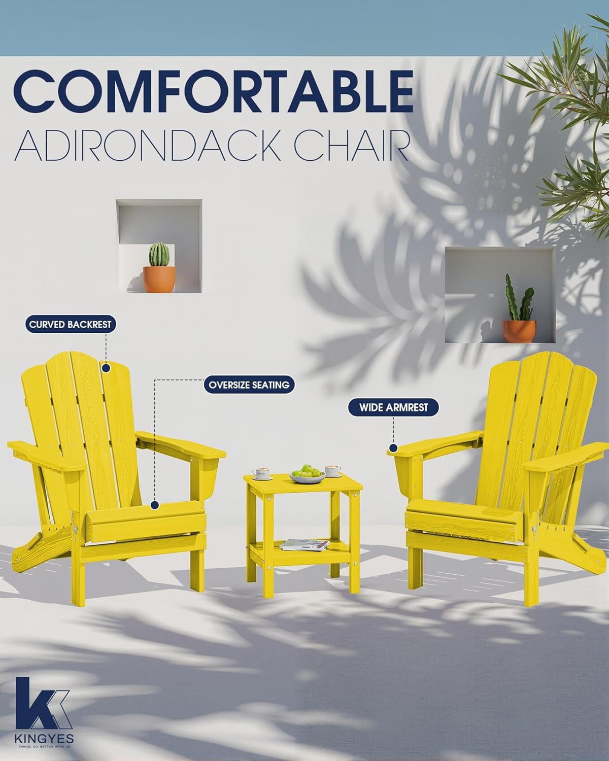 SONGMY Folding Adirondack Chair, HDPE All-Weather Patio Chairs, Wooden Textured Lawn Chair for Poolside, Backyard, Deck, Fire Pit, Yellow