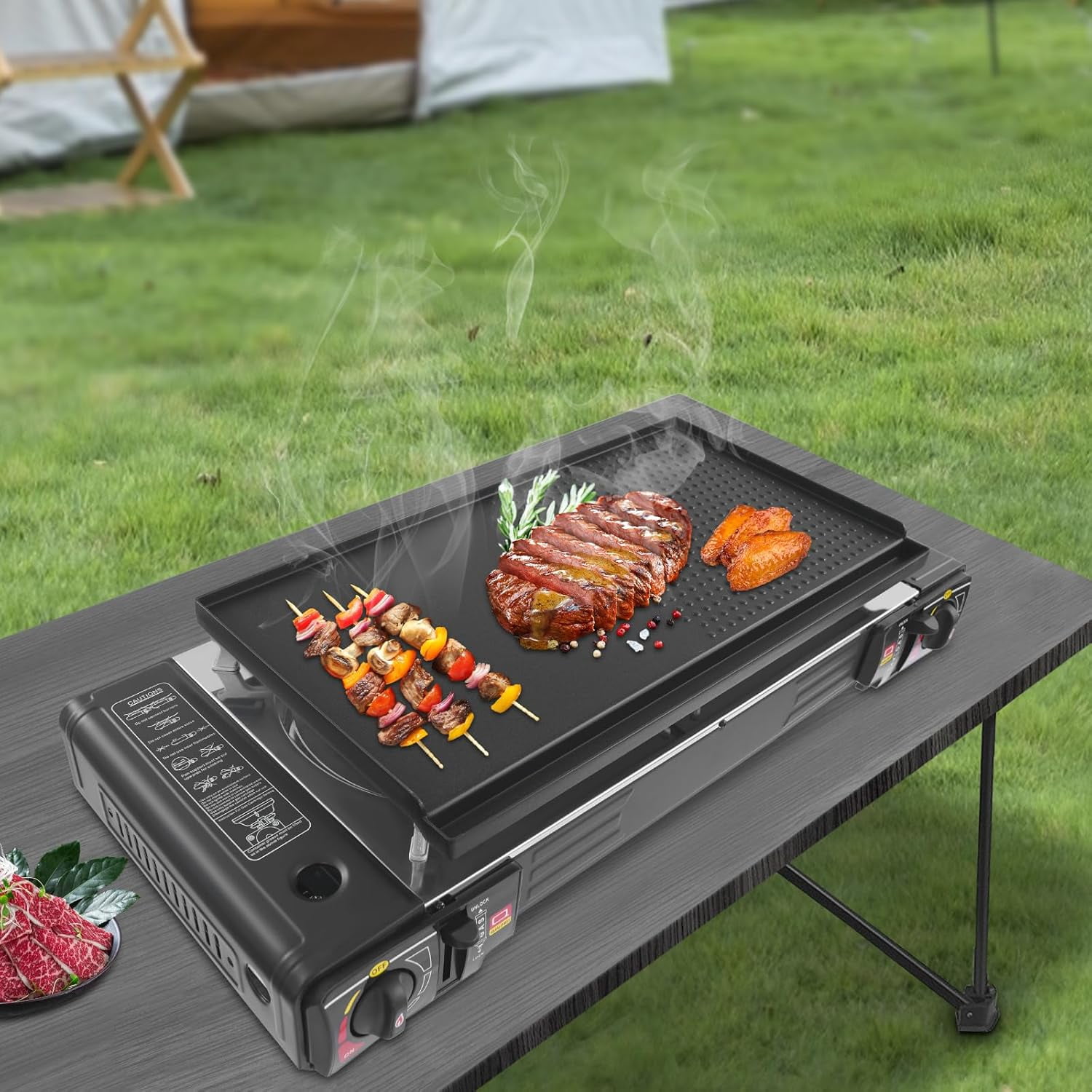 Portable Gas Grill Butane Stove, Camping Stove - 15,000 BTU Camping Grill with Case, LPG/Butane Dual Fuel, Windproof, Lightweight Outdoor BBQ Stove for Backpacking, Tailgating & Patio