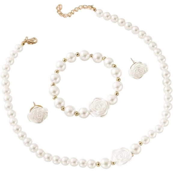 Camellia Flower Pearl Jewelry Set for Women Ladies Elegant Wedding Party Faux Pearl Choker Necklace Dainty Foral Statement Earrings Summer Charm Bracelet Beach Vacation Prom Costume Accessories