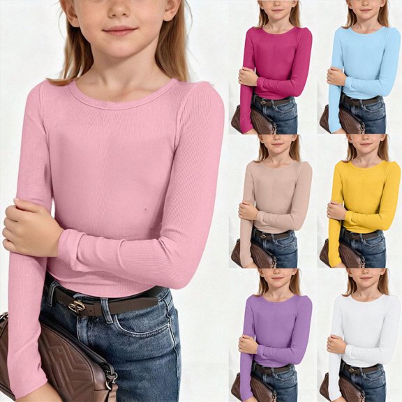 NIEWTR 5-6 Years Juniors Girls Boys Girls' Long Sleeve Shirts Warm Crew Neck T Shirts Children Plain Comfortable,A97-Light Blue