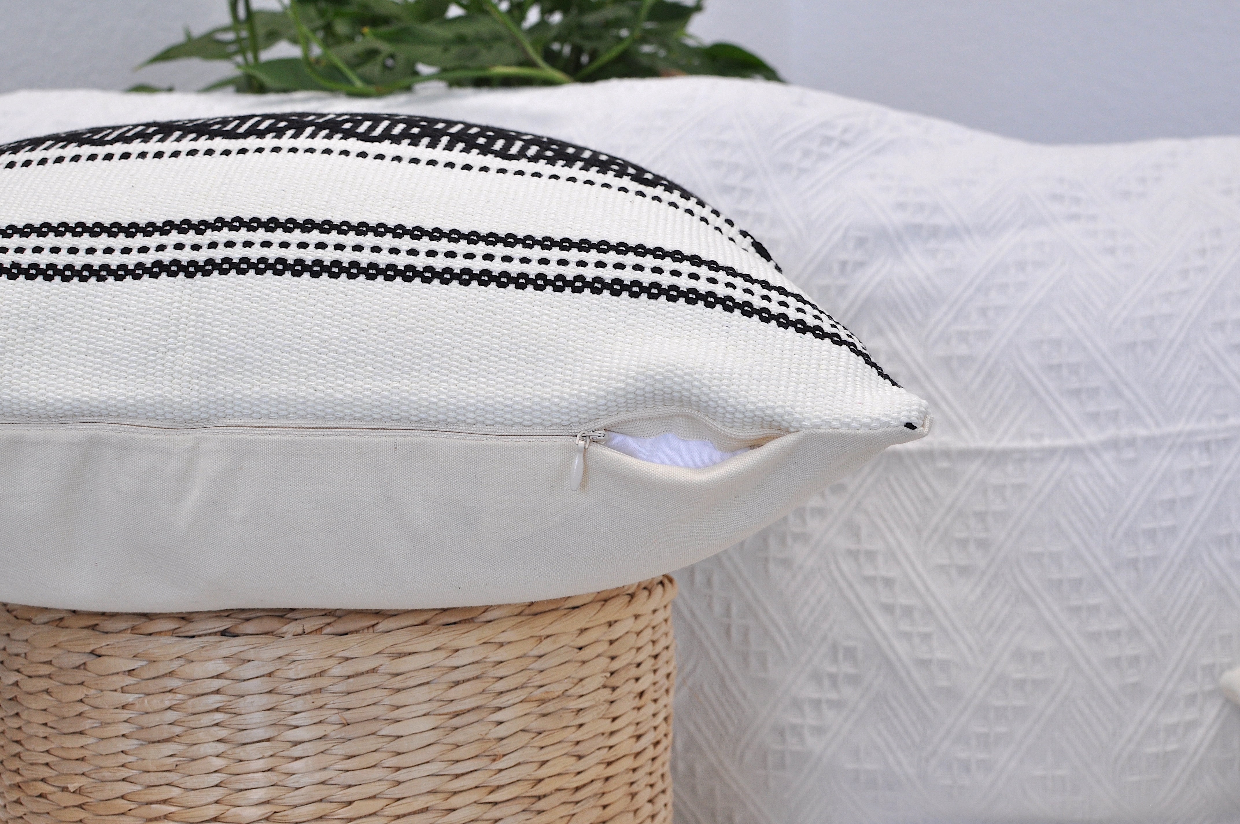 Cotton Woven Designer Lumbar Throw Pillow Covers Black and White, 12 x 20 inches | Oblong Small Rectangular Pillow Cases Set of 2