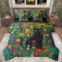 Manfei Black Cat Twin Bedding Sets 7-Piece for Kids Children,Colorful Flowers Bedding Comforter Set Microfiber,Cartoon Animal Breathable Sheet Sets,Super Cozy Room Decor,Reversible