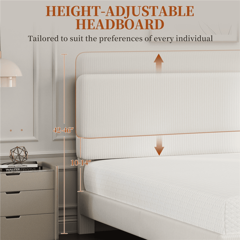 Renwick Full Size Upholstered Platform Bed with Adjustable Headboard, Beige