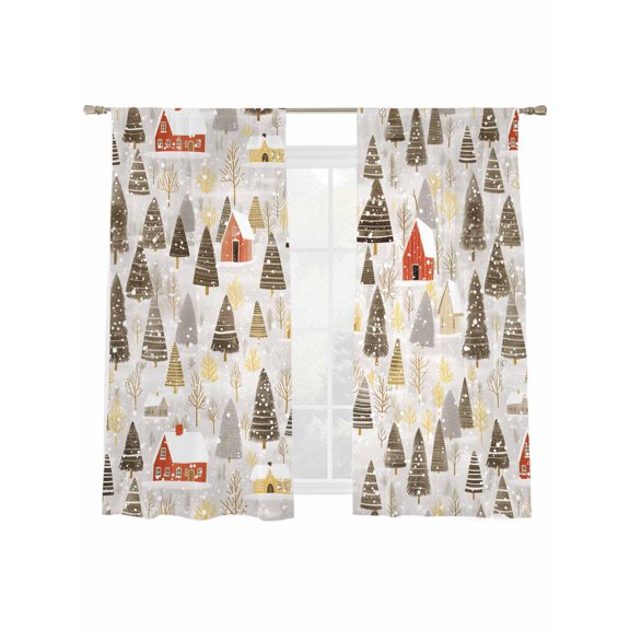 Christmas Sheer Curtains 2 Panels Set, Winter Abstract Christmas Tree House Snow Yellow Window Sheer Curtains for Living Room/Bedroom, Light Filtering Rod Pocket Voile Drapes, 52" W x 72" L