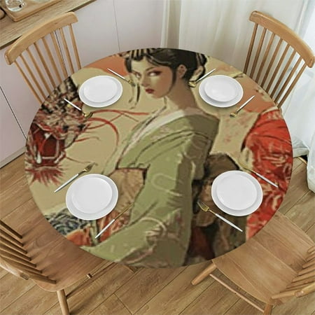 

Ullo0ord Japanese Red Sun Dragons Geisha Woman Art Elastic Fitted Edged Round Tablecloth Waterproof Anti-Shrink Soft Polyester Table Cloth Washable Table 54 -58