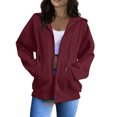 thumbnail image 2 of Soft Fleece Zip-Up Hoodie for Women, Long Sleeve Drawstring Open Front Sweatshirt - Loose Fit Casual Fall Winter Jacket Wine S, 2 of 6