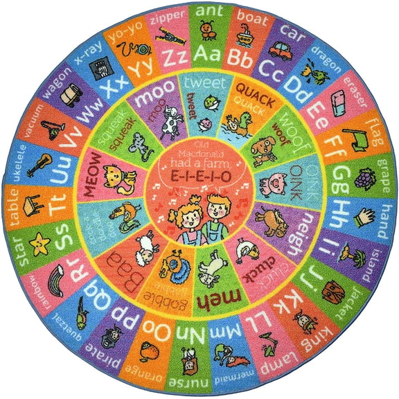KC Cubs Playtime Collection ABC Alphabet with Old MacDonald's Animals Educational Learning & Game Round Circle Area Rug Carpet for Kids and Children Bedrooms and Playroom