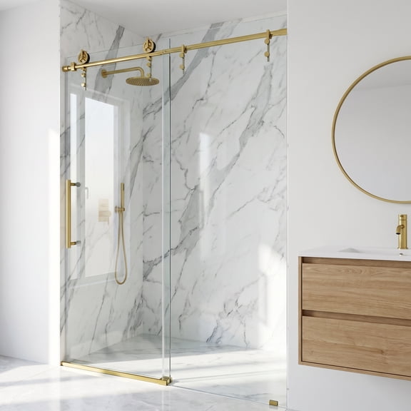 VIGO Hamilton Aerodynamic Frameless Sliding Shower Door in Matte Brushed Gold with Clear Glass