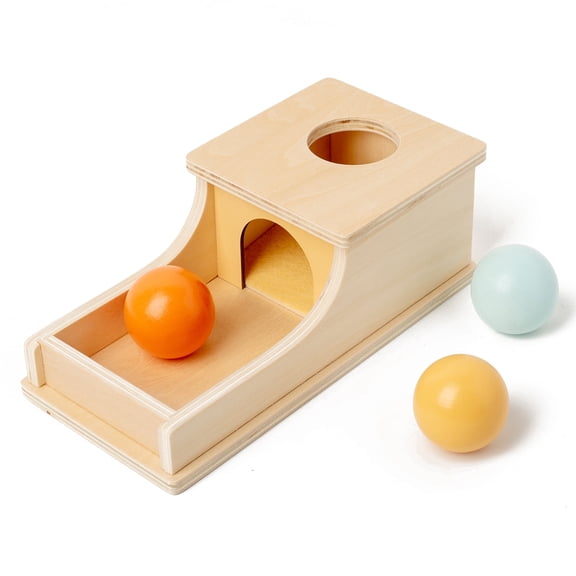 BUSY EDITION Object Permanence Box – Montessori Sensory Ball Drop Toy for Babies 6-12 Months, Wooden Toddler Toy for 1-3 Years with 3 Colored Balls