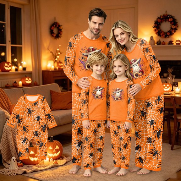 Halloween Family Pajamas Set Long Sleeve Crew Neck, Soft Matching Halloween Pajamas with Ghost Sunflower Wreath Spider Web Print, Cute Family Halloween Pajama Set Sleepwear