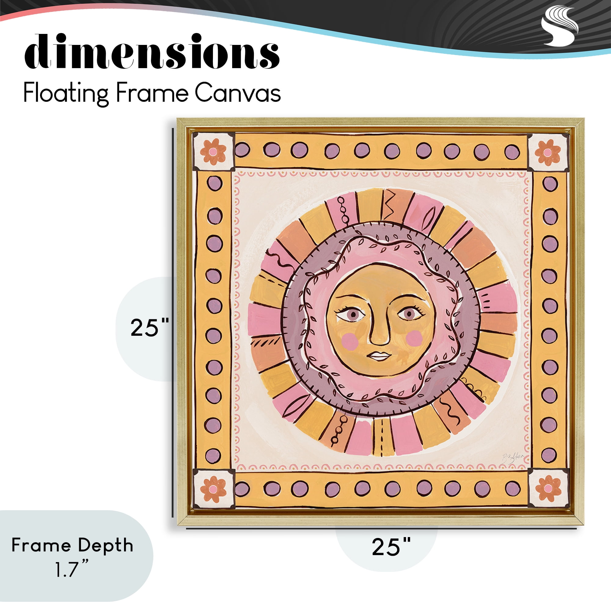 Stupell Industries Pastel Sun Face with Border Gold Framed Floater Canvas Wall Art, design by Two If By Sea Studios