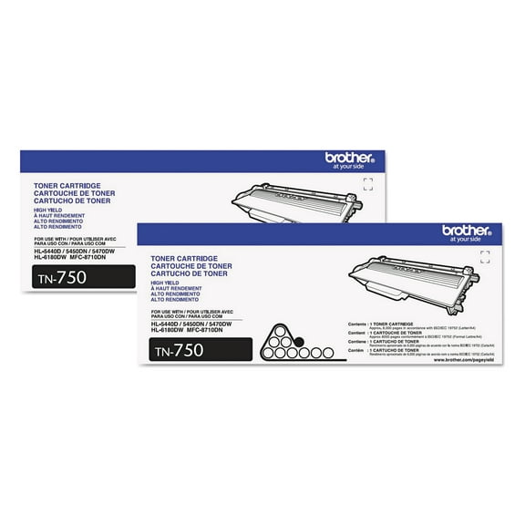 Brother TN750 Genuine High Yield Toner Cartridges, Replacement Black Toner, Two Pack
