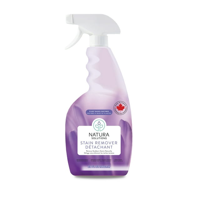 Natura Solutions multi-purpose stain remover spray in a 680 ml bottle with plant-based enzymes, biodegradable formula, and made in Canada.