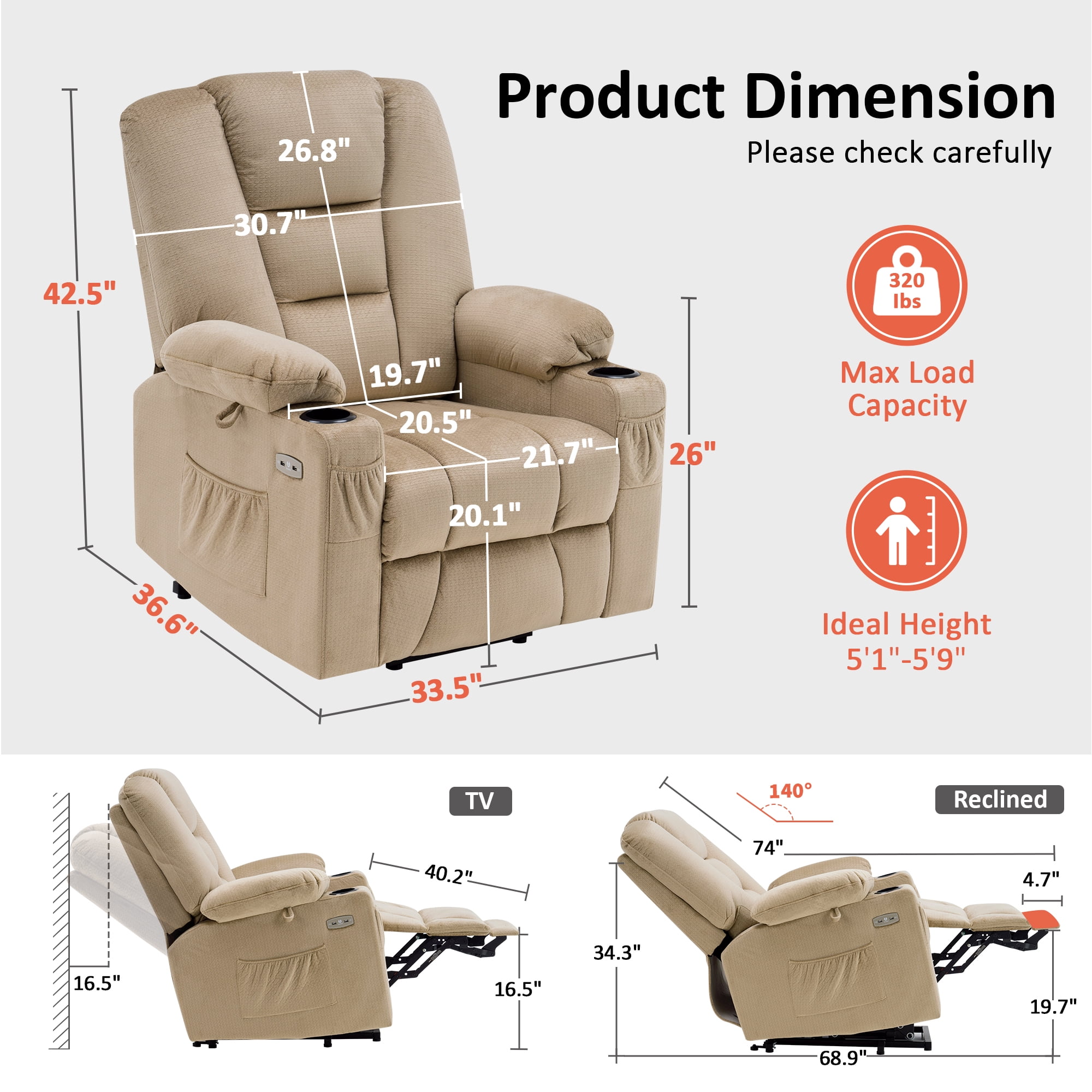 MCombo Power Lift Recliner Chair Sofa with Massage and Heat for Elderly People, Extended Footrest, Hand Remote Control, Cup Holders, USB Ports, Fabric 7529 (Medium, Beige)