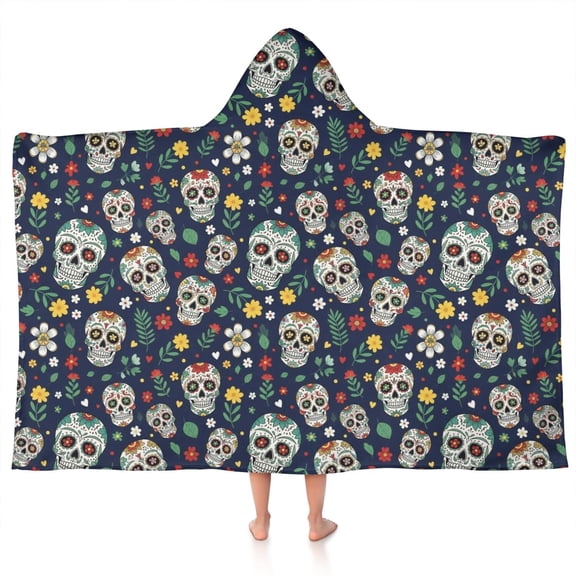 Navy Floral Skull Pattern Hooded Bath Towel，50"x30" for Ages 3 To 12 Kids, Quick Dry Lightweight Soft Microfiber Hood Beach Towel Cover Up for Kids