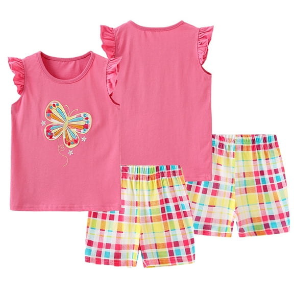 WOLLED Toddler Girls Summer Outfit Kids Baby Casual Sleeveless Cotton Tops and Plaid Shorts Clothing Set for 2-8 Years Old