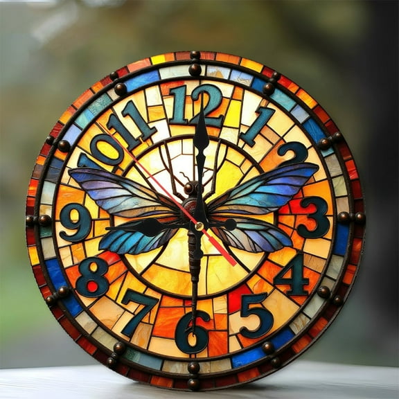Stained Glass Dragonfly Wall Clock Home Decor 10-Inch Silent Wooden Wall Clock, Battery Operated (AA Batteries Not Included), Artistic Home Decor