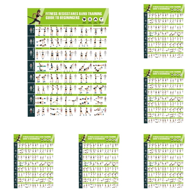 WUSUOWEI 6PCS Elastic Band Workout Chart,Fitness Instruction Wall Poster,Full Body Training Visual Aid,Flexibility and Toning Program Print | Studio Club Exercise Planning for Men Women
