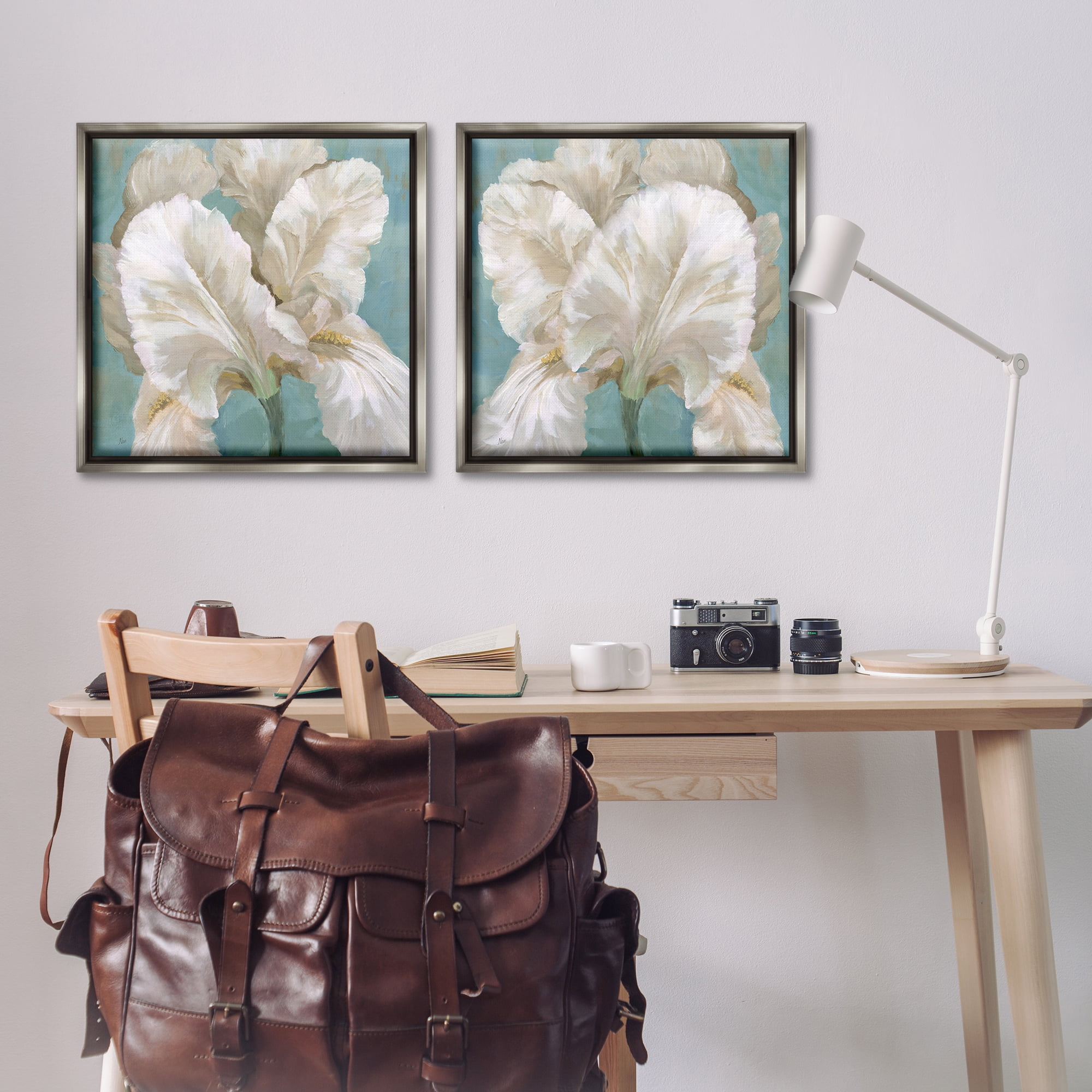 Stupell Industries White Iris Flower Plants & Flowers Painting Gray Floater Framed Canvas Art Print Wall Art, 25 x 25, Set of 2