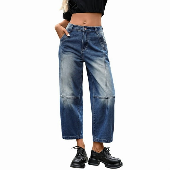Women'S Jeans Wide Leg Vintage Mid Rise Y2k Baggy Boyfriend Ankle Denim Pants Blue XXL