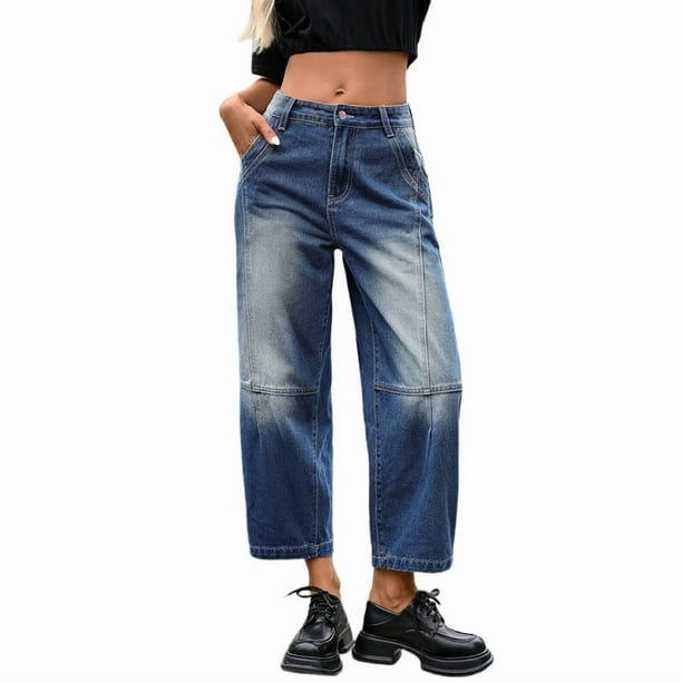 Pantalones Vaqueros de Mujer, Estilo Vintage, de Pierna y Tiro Medio, Holgados, Estilo Boyfriend, Hasta el Tobillo, Y2K Azul L