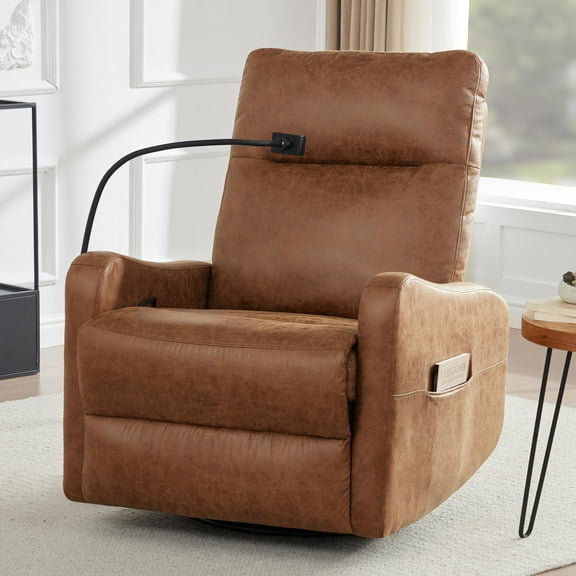 Someet Manual PU Leather Recliner Chair with Phone Holder, Glider Recliner Chair with Lumbar Support Brown