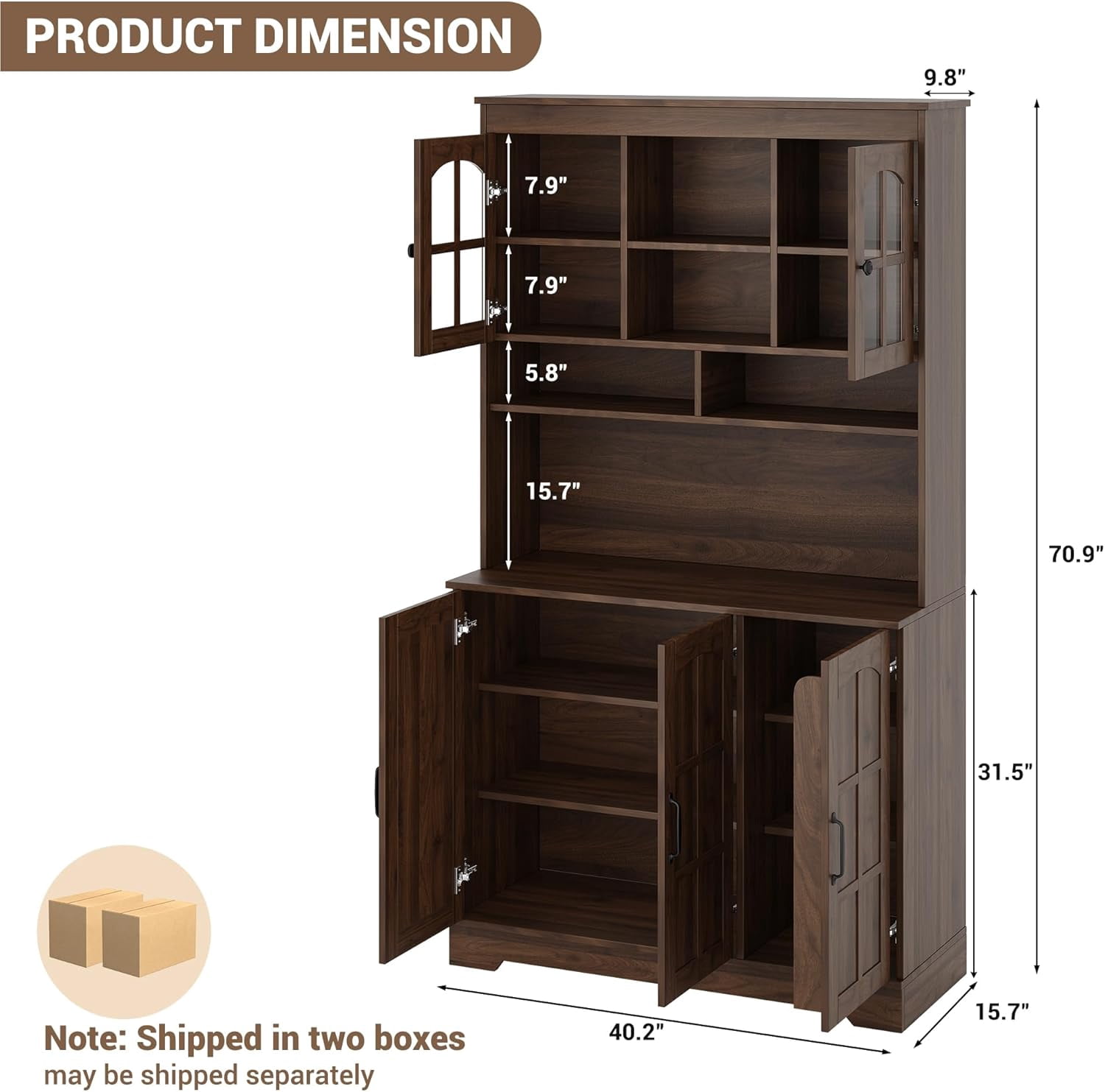 Pantry Cabinet with Charging Station, Tall Kitchen Pantry Storage Cabinet with Hutch,70.9 Inch Kitchen Cabinet with Glass Doors, for Dining Room