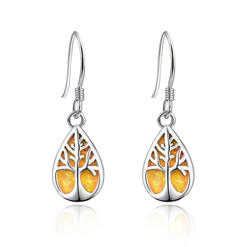 TANGPOET Tree of Life Dangle Earrings 925 Sterling Silver Opal Earring Hooks Tree of Life Drop Earrings Anniversary Birthday everyday Jewelery Gifts for Women