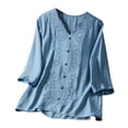thumbnail image 1 of Vestidos Casuales Para Mujer, Blusas De Mujer De Moda Blusas de moda para mujer con cuello redondo, manga corta y botones de imitación de lino bordados, 1 of 9