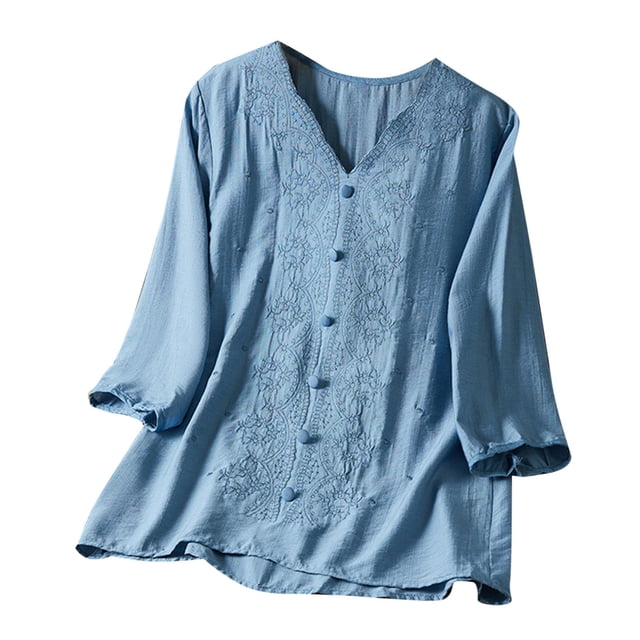 Vestidos Casuales Para Mujer, Blusas De Mujer De Moda Blusas de moda para mujer con cuello redondo, manga corta y botones de imitación de lino bordados