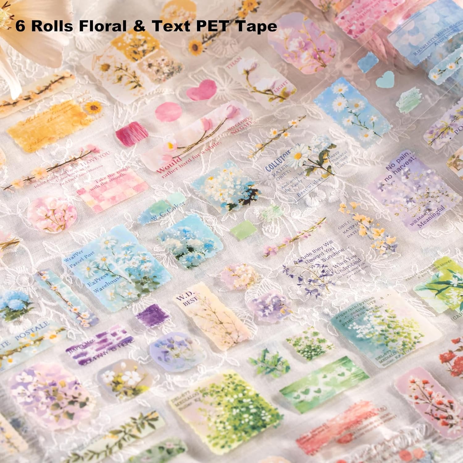6 Rolls Floral Pre-Cut PET Sticker Tape Set, 1.97in x 78.7in Each,  Botanicals & Script for Scrapbook Journals, Planners, DIY Decor