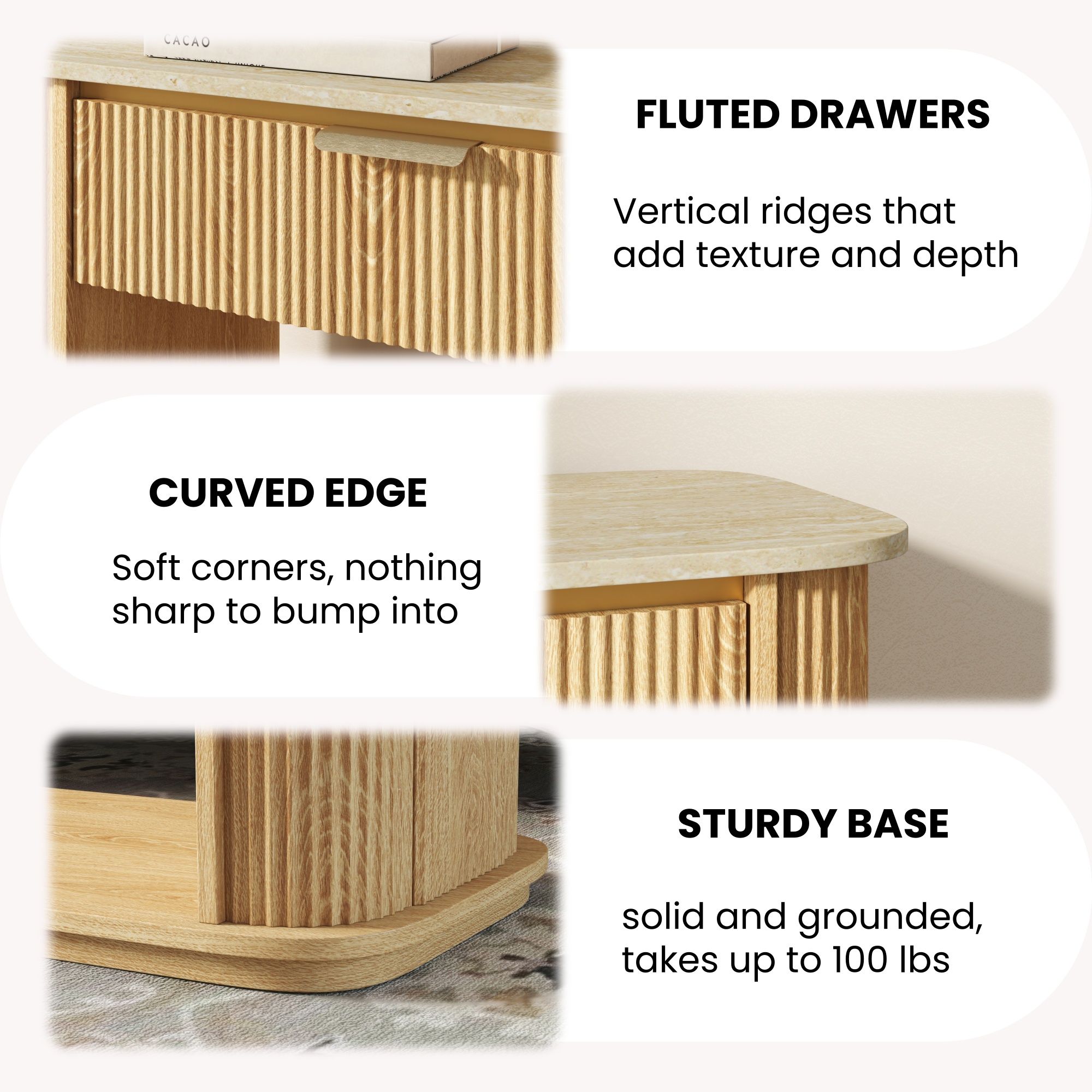 PORKISS 63 Inch Entryway Table , Fluted Console Table with 2 Drawers & Open Shelf, Faux Travertine Sofa Table with Steel Reinforcement & Anti-Tip Kit for Hallway/Entryway/living room, Natural