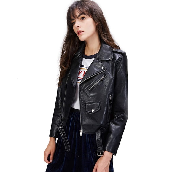 LY VAREY LIN Veste de Moto en Faux Cuir pour Femmes, Manteau de Motard Court Slim en PU (m, Noir)