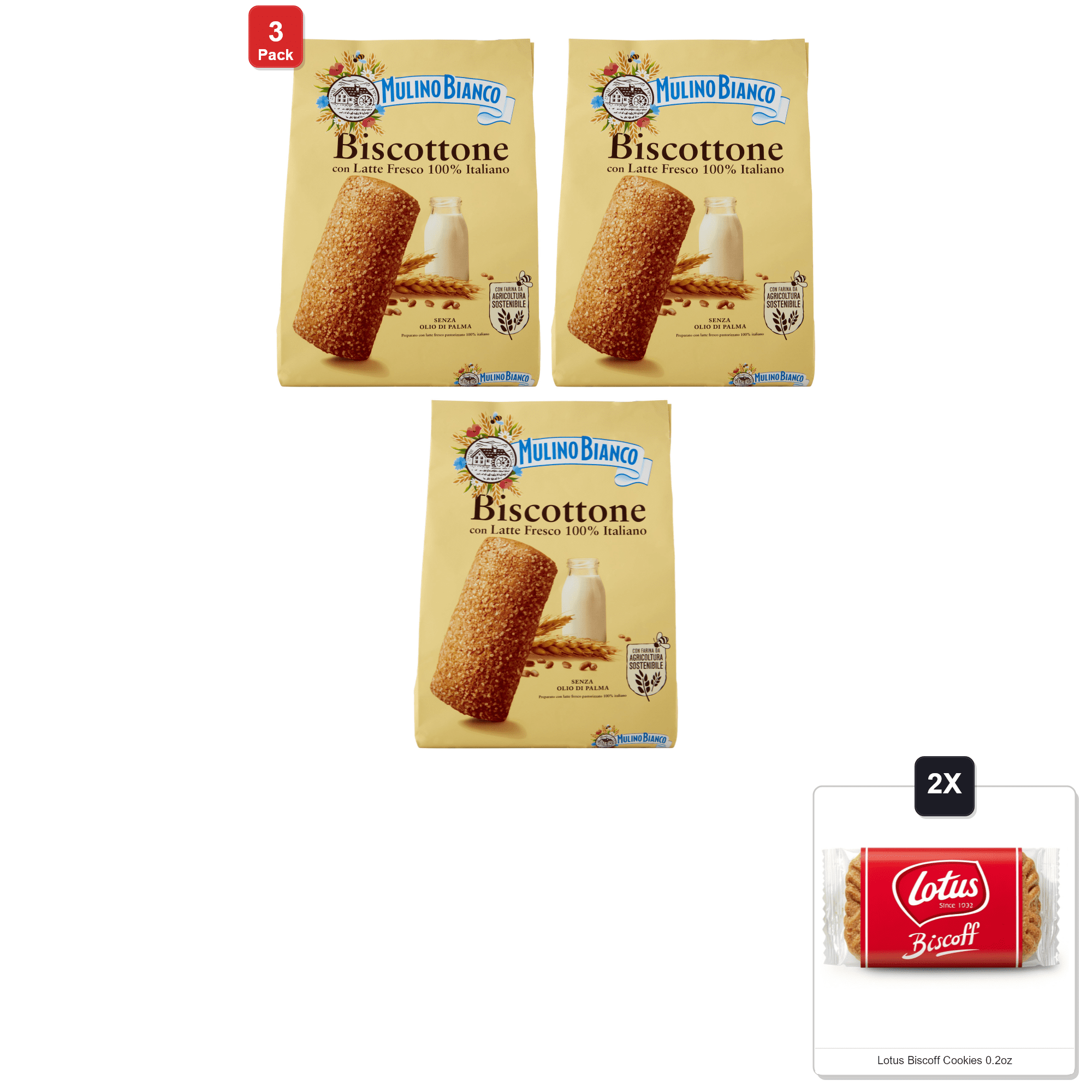 3 Pack | Mulino Bianco: "Biscottone" Shortbread Cookies With Crumbly Pastry - 24.69 Oz (700G) [ Italian Import ] & 2x Lotus Biscoff Cookies 0.2oz