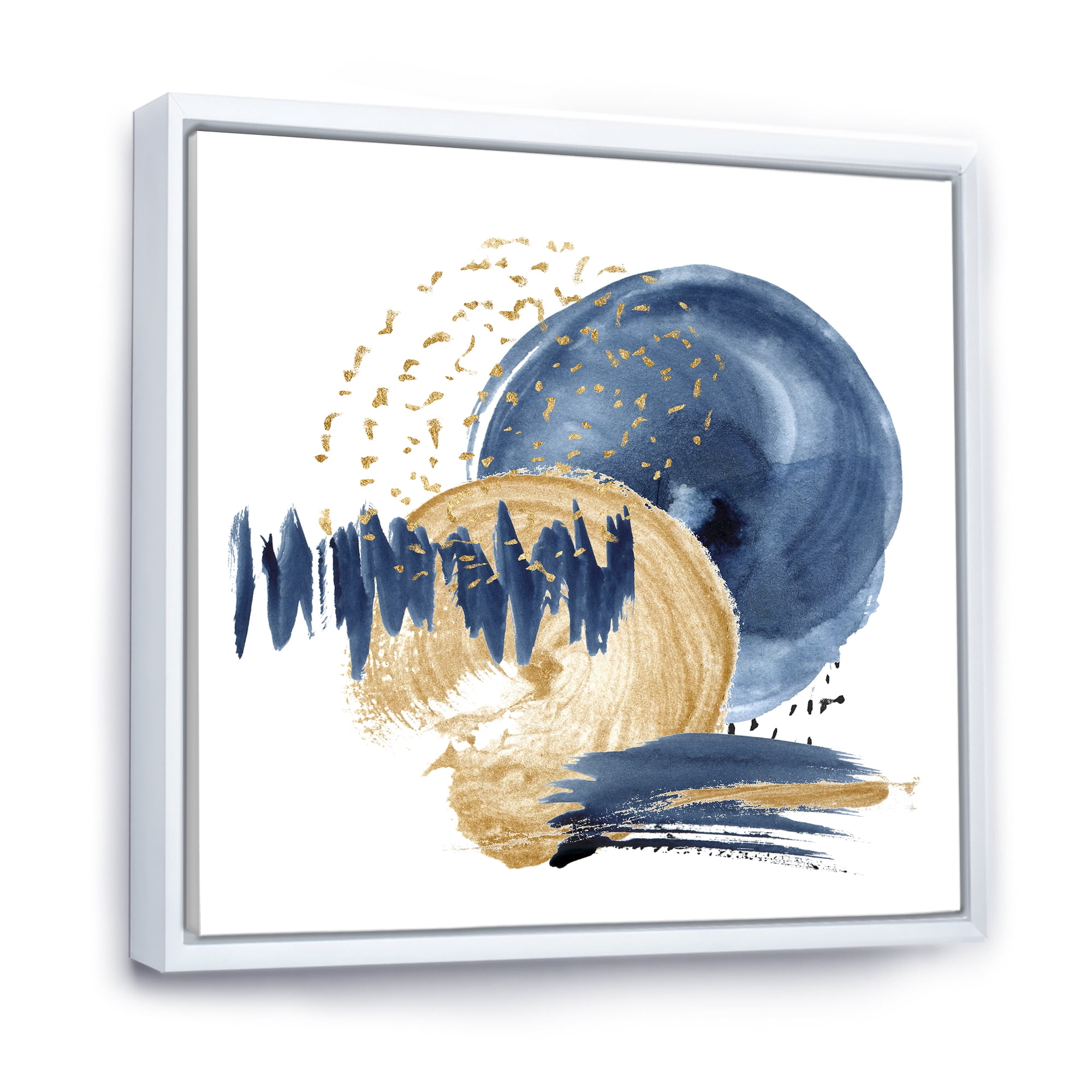 Designart 'Gold and Dark Blue Abstract Circle Ocean Texture' Modern Framed Canvas Wall Art Print