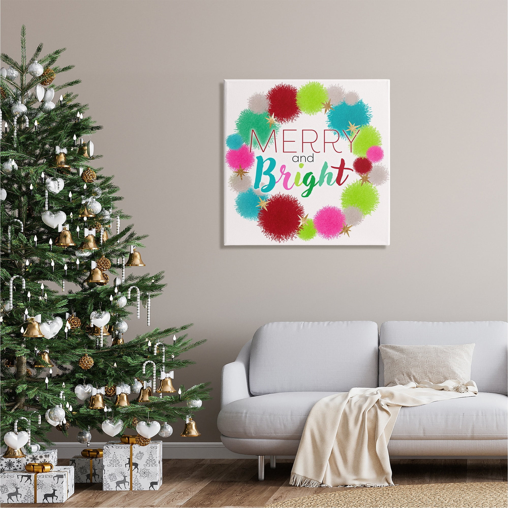 Stupell Industries Merry & Bright Fun Wreath Holiday Painting Gallery Wrapped Canvas Print Wall Art