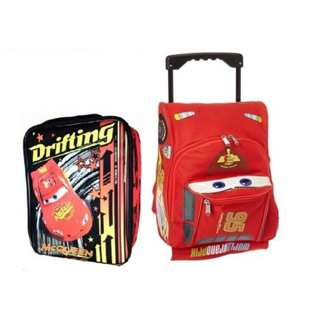 Disney Pixar Cars 3 12" Small Rolling McQueen Luggage W/Lunch Bag Lunchbag