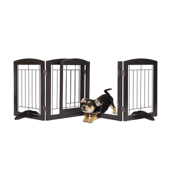 PAWON Esspresso Freestanding Dog Gate with Walk-Through Door: Secure Indoor Barrier - 80" Wide, 24" Height, 4 Panels