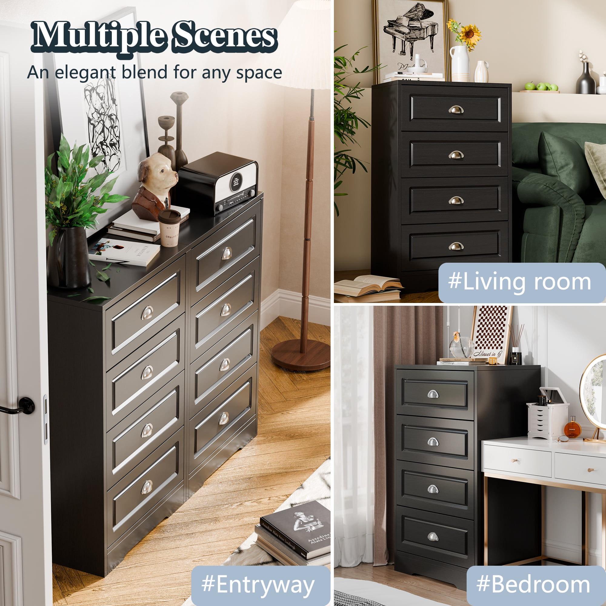 Walsunny 4 Drawer Dresser for Bedroom, Modern Wood Chest of Handle-Drawers, Storage Cabinet Organizer, Wooden Dresser for Bedroom Living Room Closet Entryway, Black