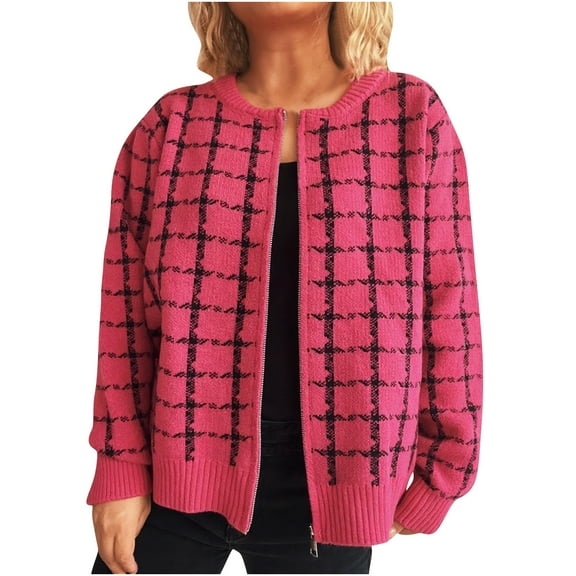 Womens Plaid Sweater Cardigan Long Sleeve Zipper Front Cardigans Crew Neck Loose Retro Knitwear Jacket Pink, M