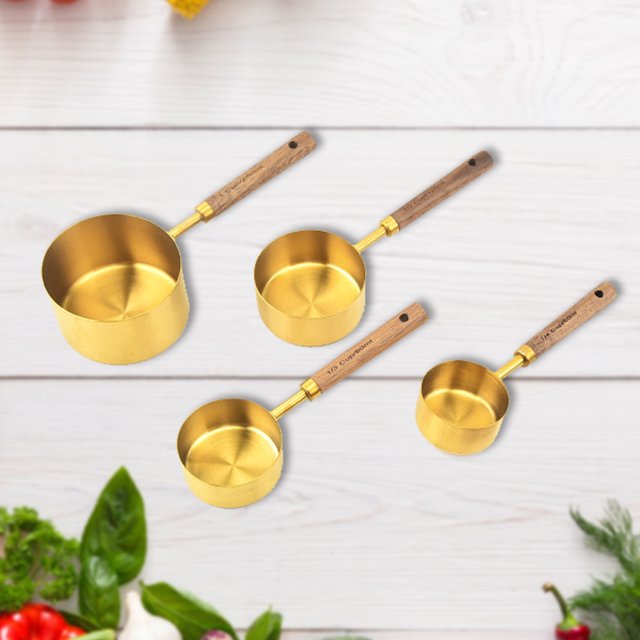 Juego de cucharas medidoras con mango de madera Juego de tazas medidoras Barra de oro Herramientas para hornear