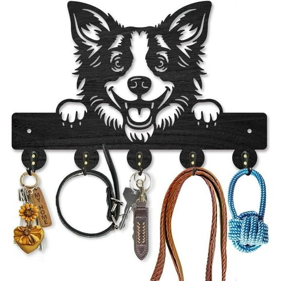 Border Collie Key Holder for Wall Decorative Dog Leash Hanger Peeking Dog Wood Key Hooks 11.8×7.9inch with 5 Alloy Hooks for Entryway Front Door Kitchen Office Decoration