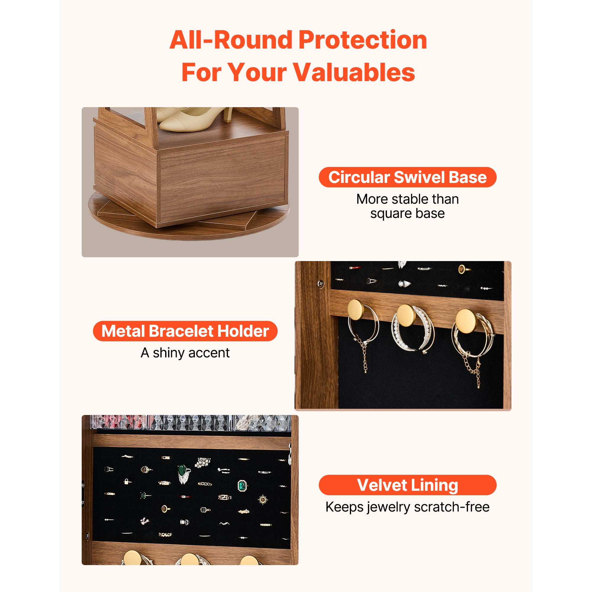 KFFKFF 360° Rotating Jewelry Cabinet, 65.1-inch Tall, Full-Length Mirror with Storage, Freestanding Jewelry Organizer, Lockable with Keys, Accessory Compartments, Shelves, and Drawer