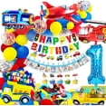 thumbnail image 3 of Decoración de cumpleaños para niños Pancarta de feliz cumpleaños Coches Autobús escolar Tren Camión de bomberos Motocicleta Avión Globos Vehículos de transporte, 3 of 5